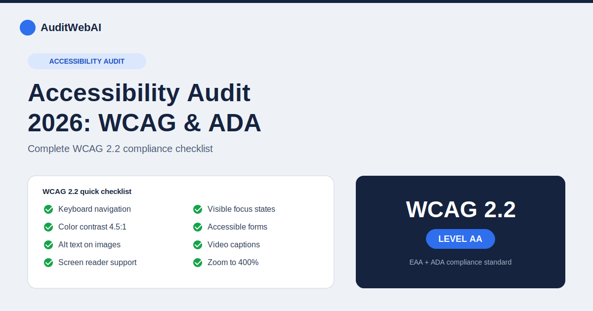 Website Accessibility Audit 2026: Complete WCAG 2.2 & ADA Compliance Checklist
